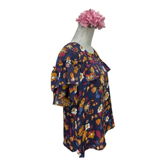 Eyeshadow XL Navy Blue Floral Ruffle Sleeve Blouse - Picture 3 of 13